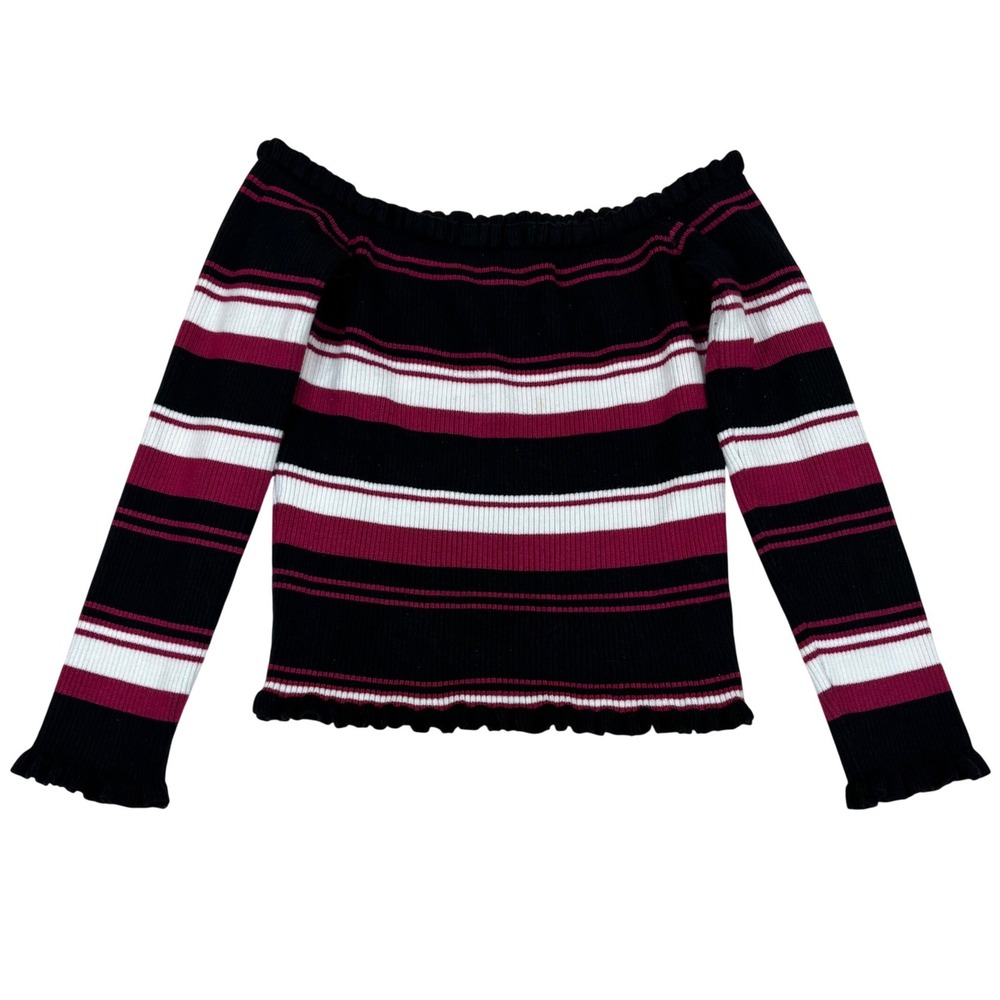 Love University Striped Off Shoulder Ribbed Knit Y2K Indie Top Black Burgundy L
